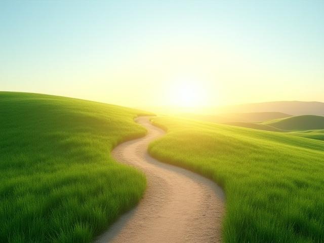 A winding path leading up a gentle, green hill at sunrise, clear skies, symbolizing a journey towards wellness and growth.