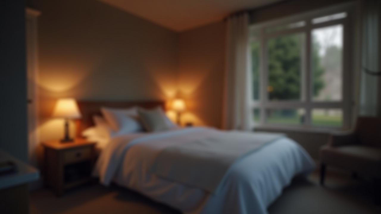 Calm, dimly-lit bedroom with soft lighting, inviting bed, and gentle ambient glow