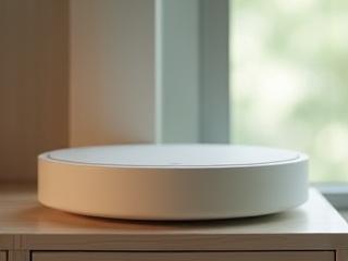 Sleek white noise machine emitting soft sound waves in a calm bedroom setting