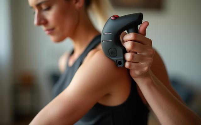 Theragun Mini percussion massager in action on a person's shoulder